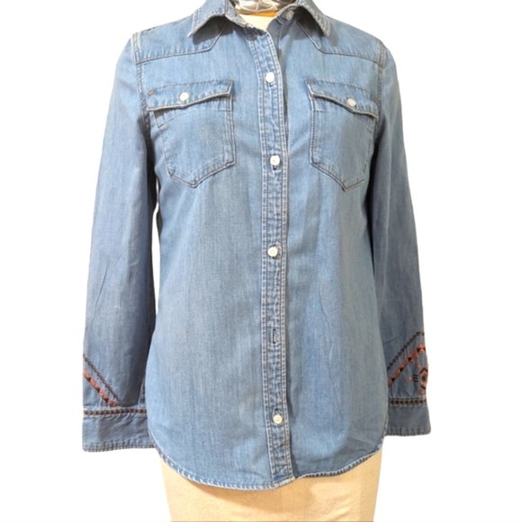Driftwood Lana Western Embroidered Aztec Denim Button Shirt...Size Small - Picture 2 of 9